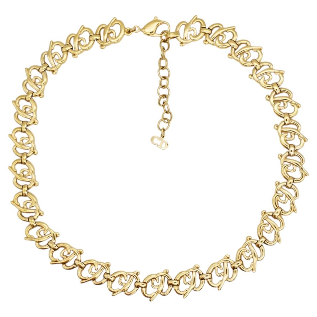 Christian Dior Vintage 1980s Gold Iconic Logo CD Monogram Openwork Necklace For Sale