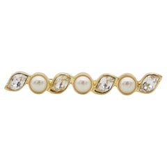 Christian Dior Vintage 1980s Gold Leaf Shining Crystals White Pearls Long Brooch