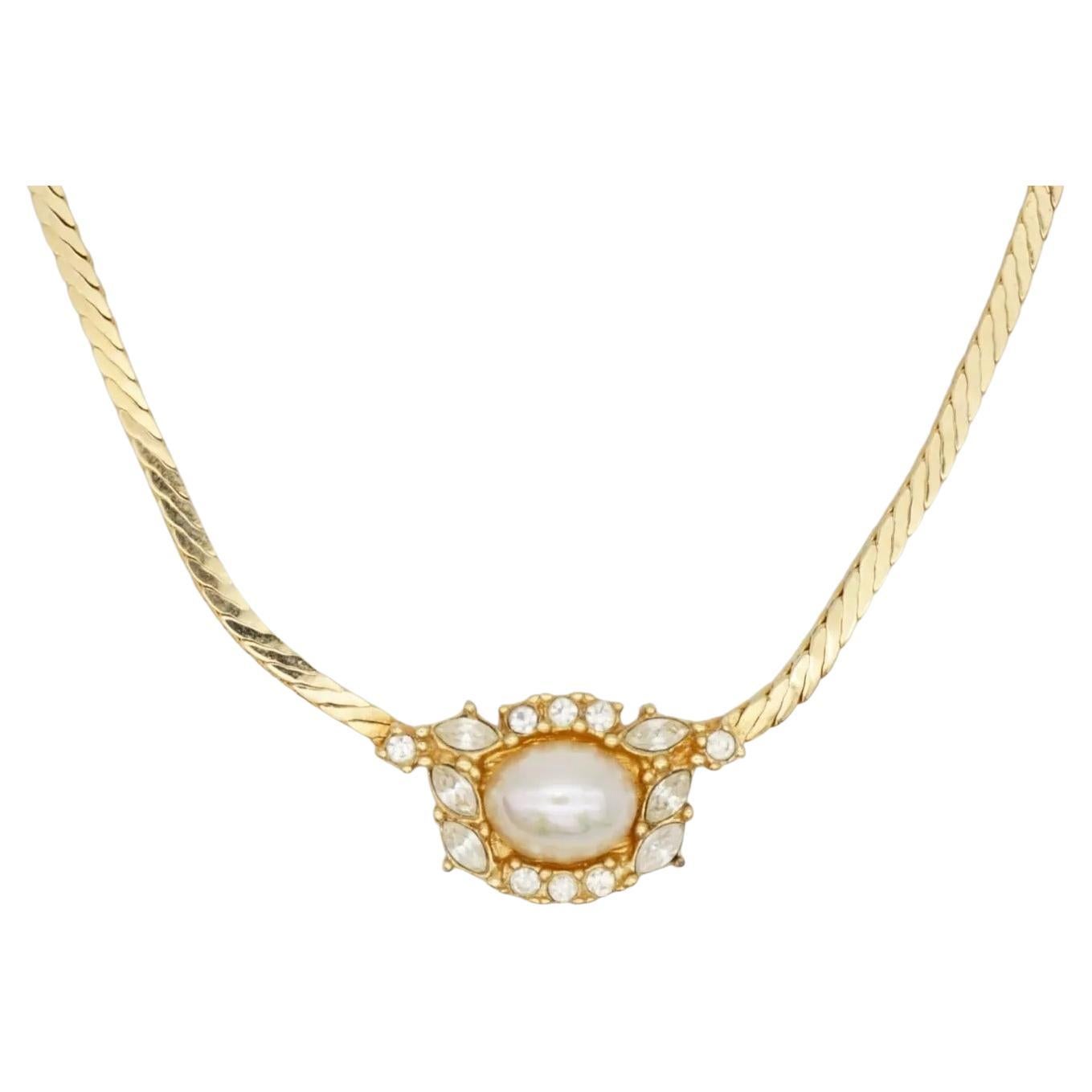 Christian Dior Vintage 1980 Gold Oval White Pearl Flower Crystals Necklace