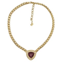 Christian Dior Vintage 1980s Gold Ruby Red Diamond Crystals Elegant Necklace