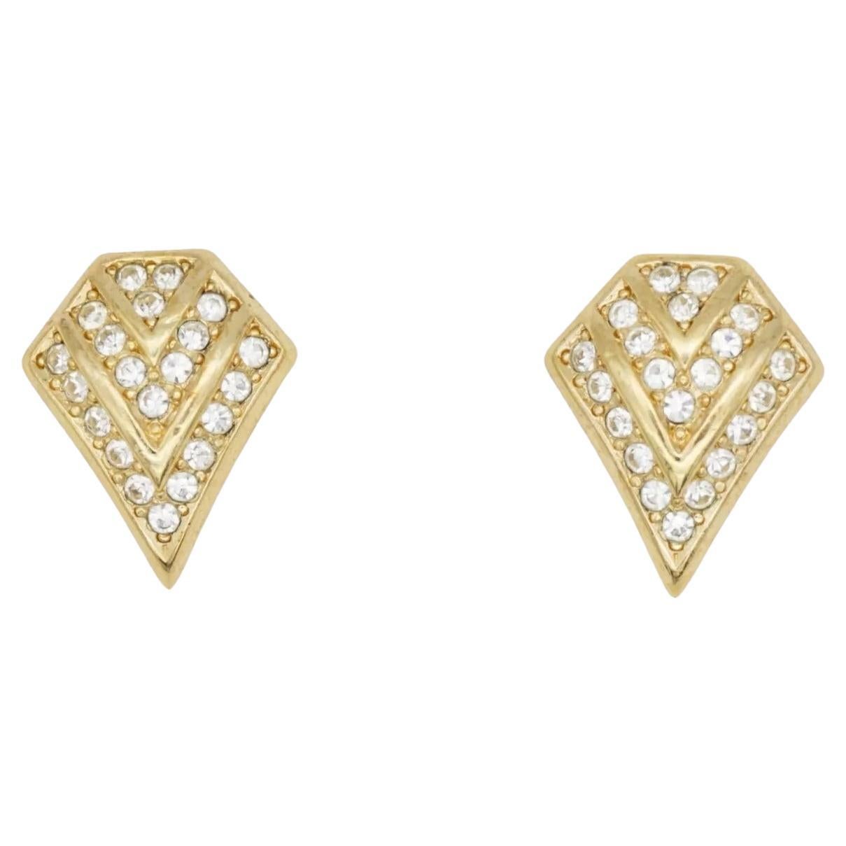 Christian Dior Vintage 1980s Gold Triangle Trio Sparkling Crystals Clip Earrings