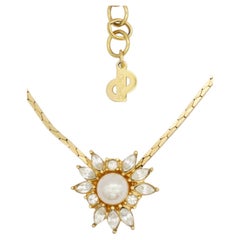 Christian Dior Vintage 1980s Gold Weiß Perlen Kristalle Blume Sunburst Halskette