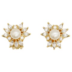 Christian Dior Vintage 1980s Gold White Round Pearl Crystals Floral Earrings