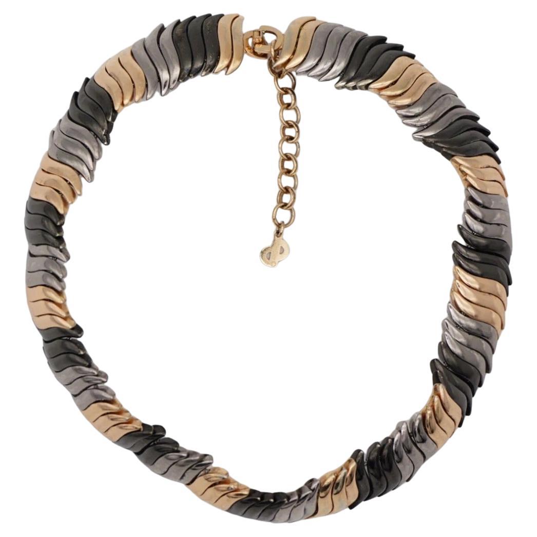 Christian Dior Vintage 1980s Grey Black Rose Snake Omega Gold Chunky Necklace For Sale