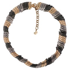 Christian Dior Vintage 1980s Grey Black Rose Snake Omega Gold Chunky Necklace