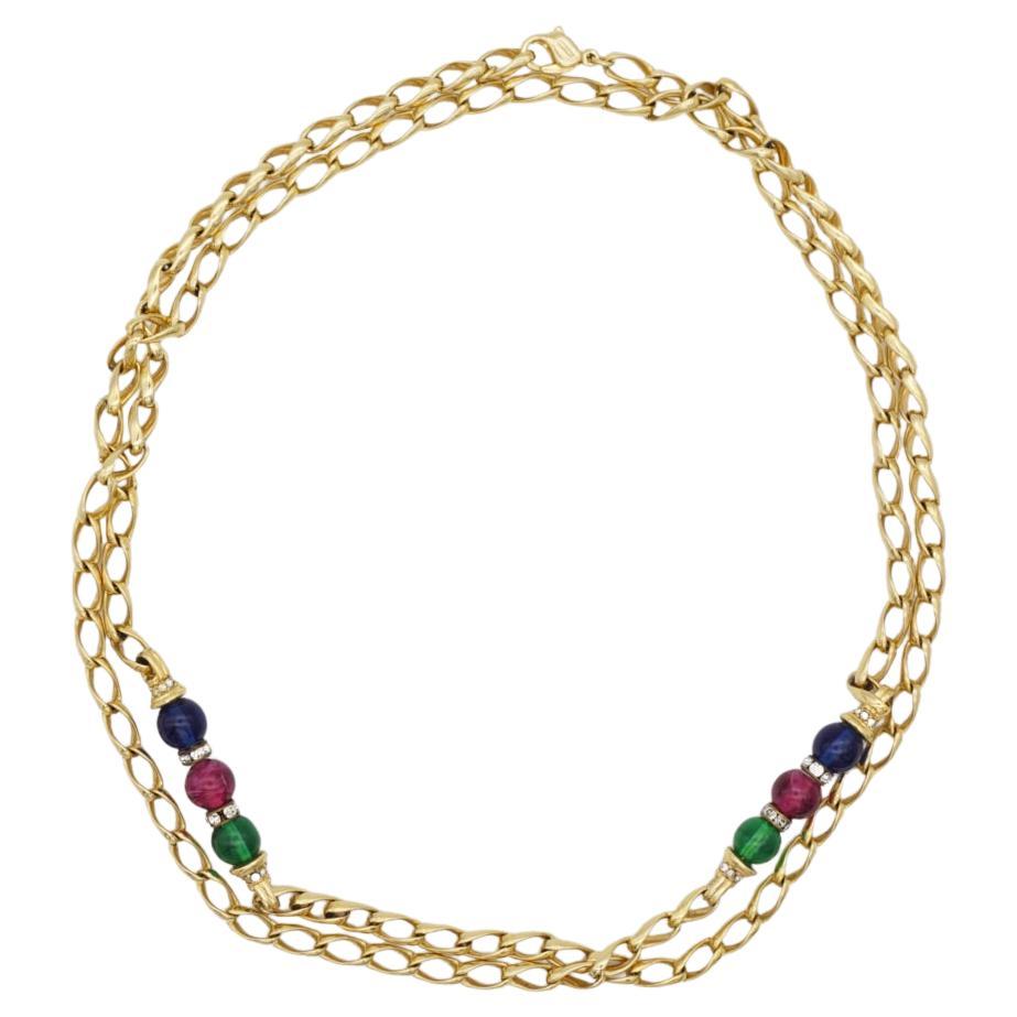Christian Dior Vintage 1980s Gripoix Blue Red Green Interlocked Long Necklace