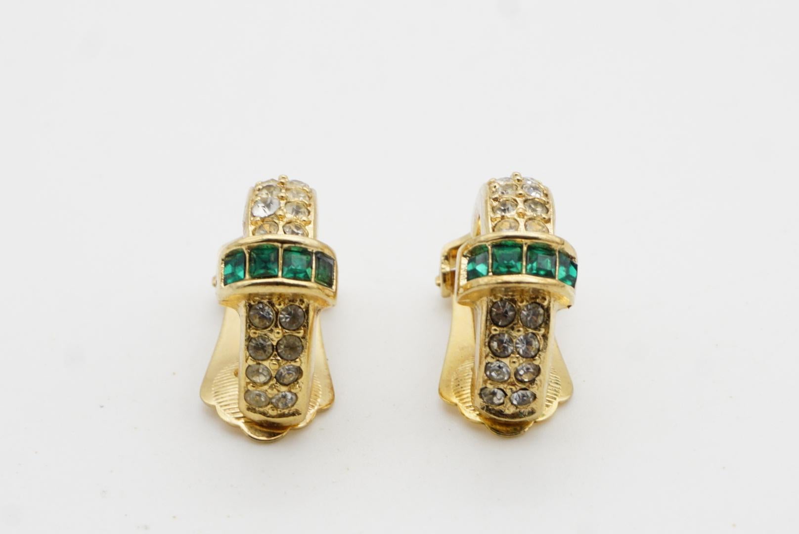 Christian Dior Vintage 1980s Gripoix Crystals Emerald Dome Hoop Clip Earrings For Sale 5