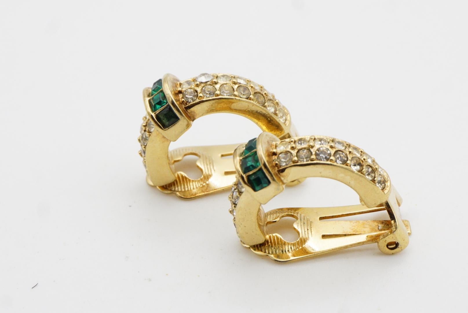 Christian Dior Vintage 1980s Gripoix Crystals Emerald Dome Hoop Clip Earrings For Sale 6