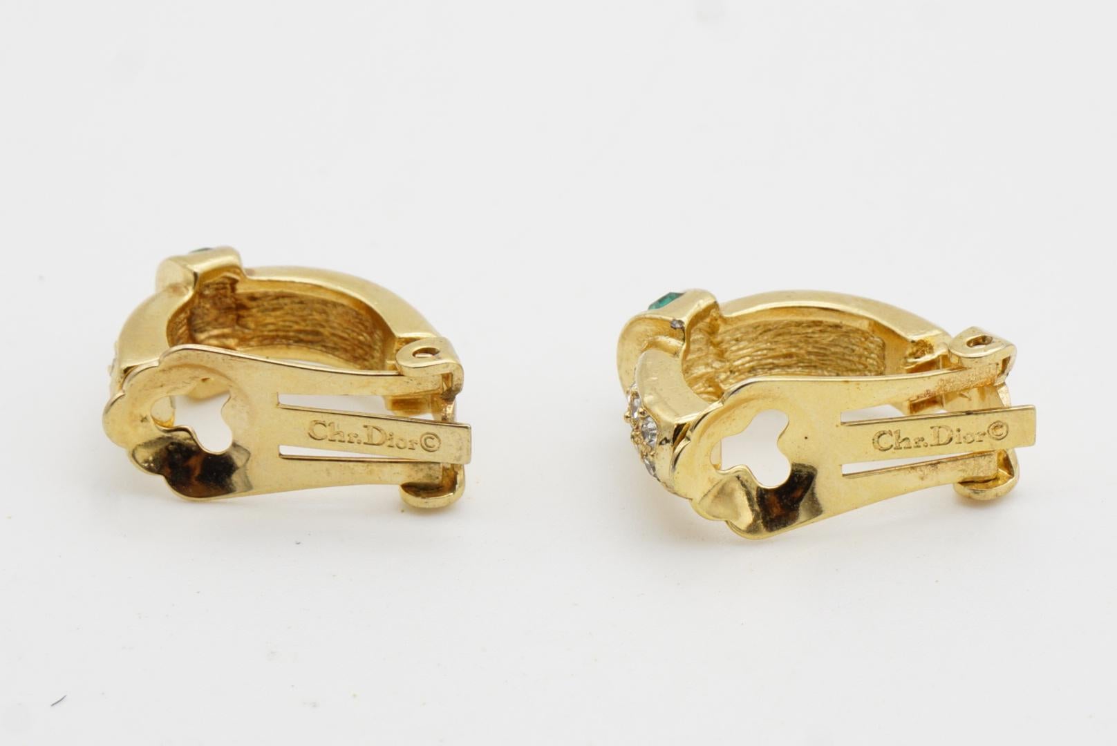 Christian Dior Vintage 1980s Gripoix Crystals Emerald Dome Hoop Clip Earrings For Sale 7