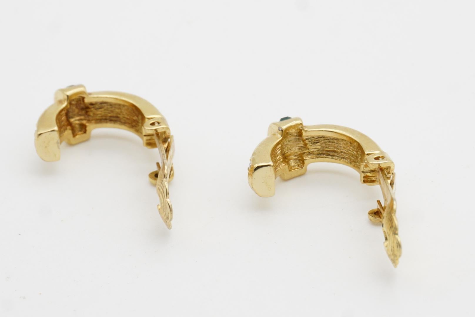 Christian Dior Vintage 1980s Gripoix Crystals Emerald Dome Hoop Clip Earrings For Sale 8