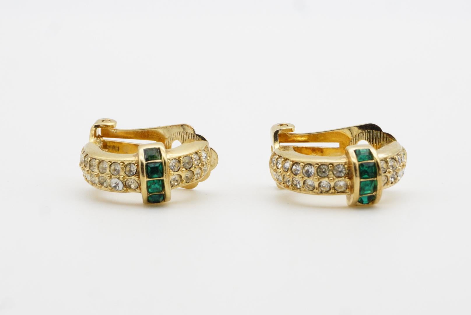 Christian Dior Vintage 1980s Gripoix Crystals Emerald Dome Hoop Clip Earrings For Sale 3