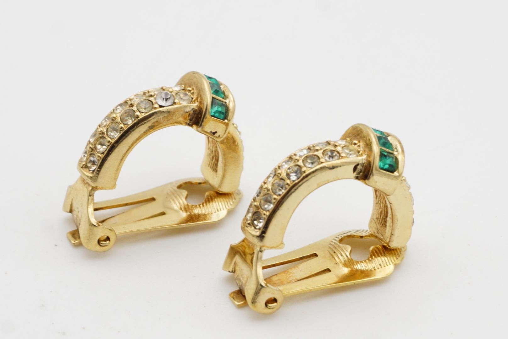Christian Dior Vintage 1980s Gripoix Crystals Emerald Dome Hoop Clip Earrings For Sale 4