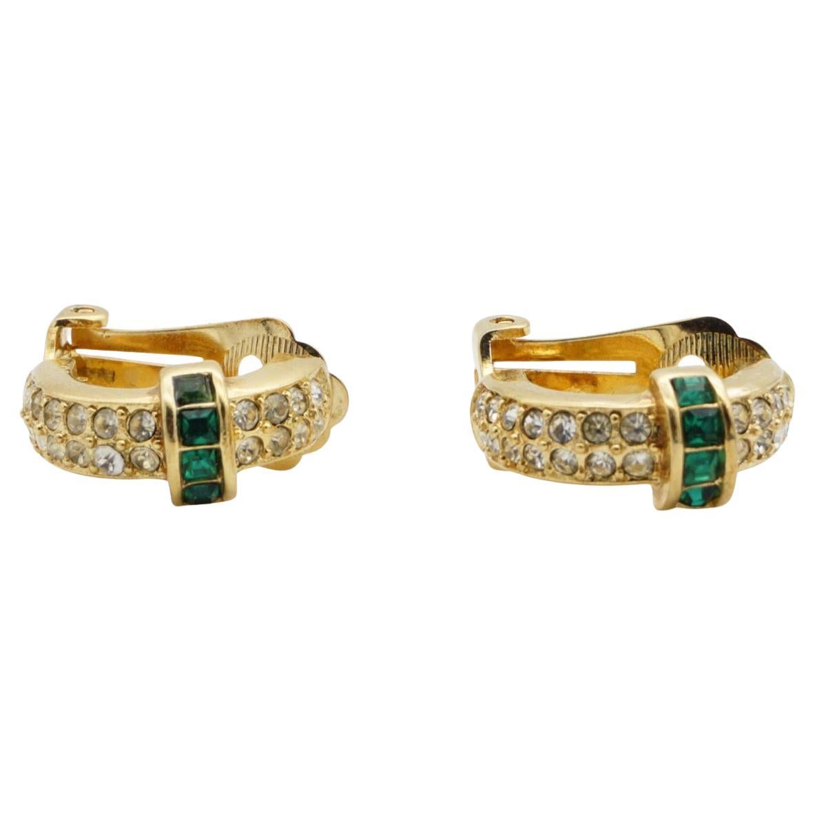 Christian Dior Vintage 1980s Gripoix Crystals Emerald Dome Hoop Clip Earrings For Sale