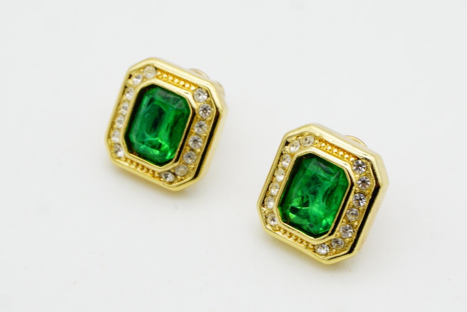 Christian Dior Vintage 1980s Gripoix Crystals Emerald Octagon Pierced Earrings For Sale 5