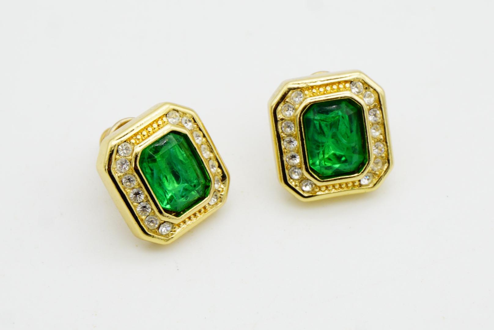 Christian Dior Vintage 1980s Gripoix Crystals Emerald Octagon Pierced Earrings For Sale 6