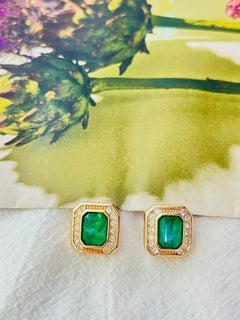 Christian Dior Vintage 1980s Gripoix Crystals Emerald Octagon Pierced Earrings
