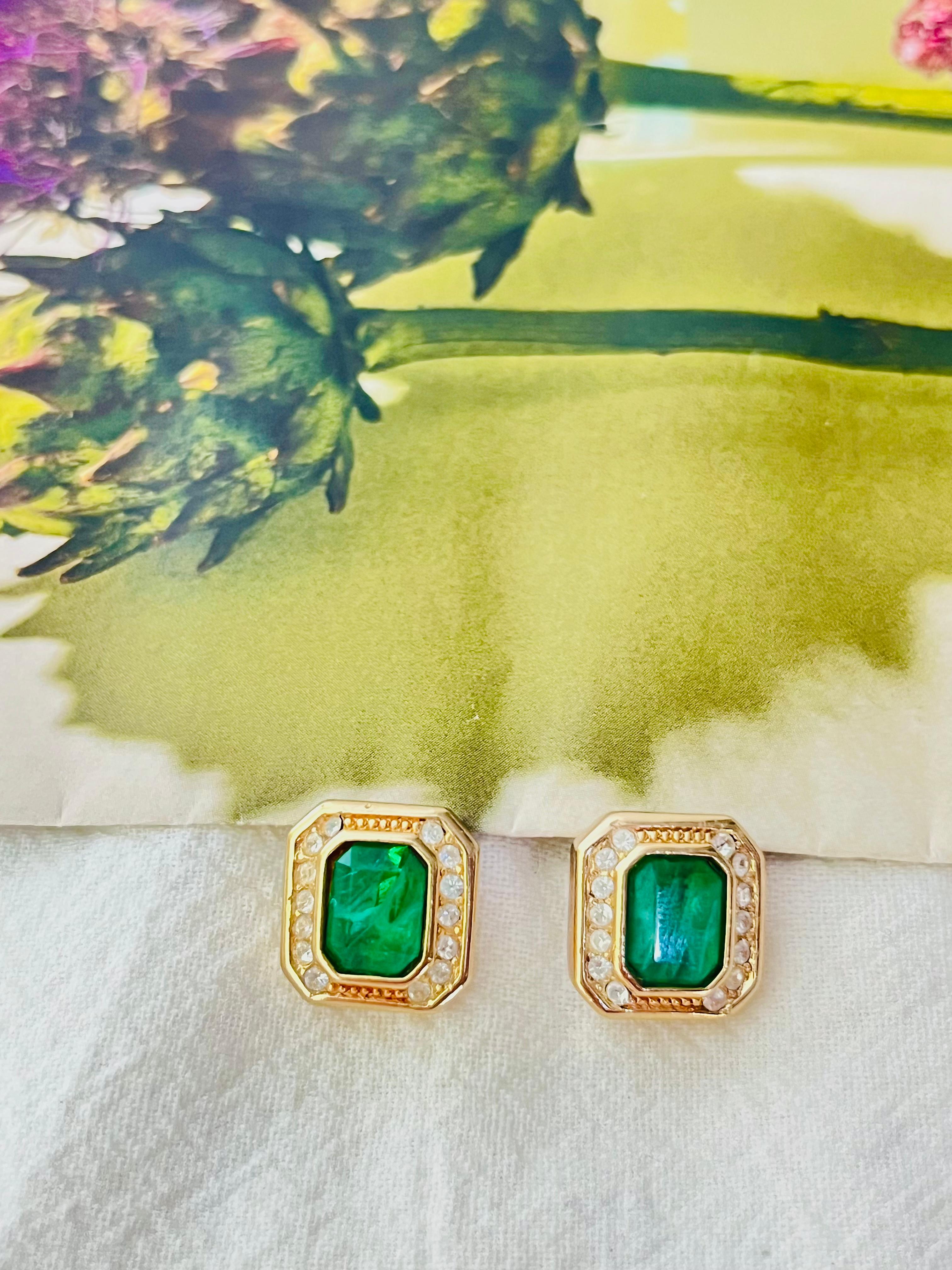 Art Deco Christian Dior Vintage 1980s Gripoix Crystals Emerald Octagon Pierced Earrings