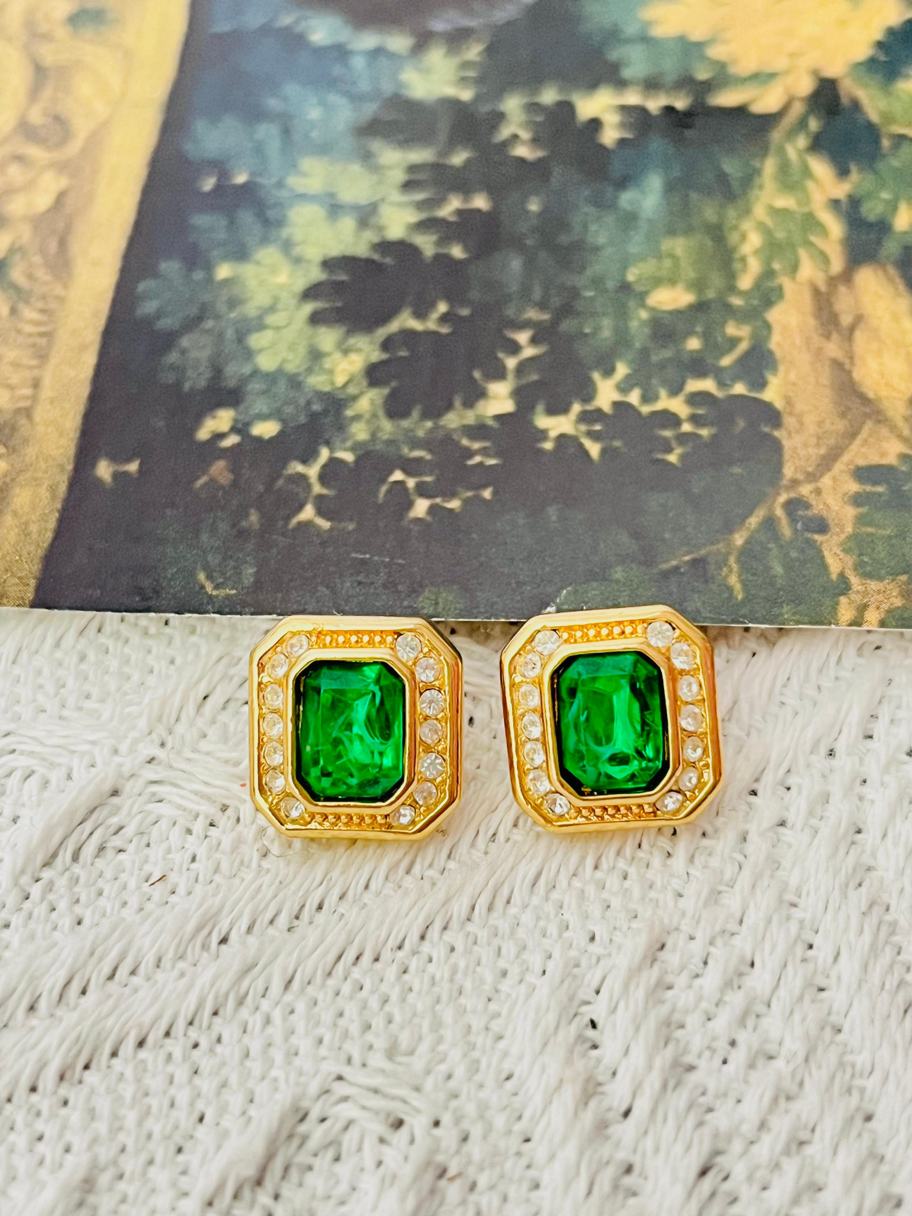Art Nouveau Christian Dior Vintage 1980s Gripoix Crystals Emerald Octagon Pierced Earrings For Sale