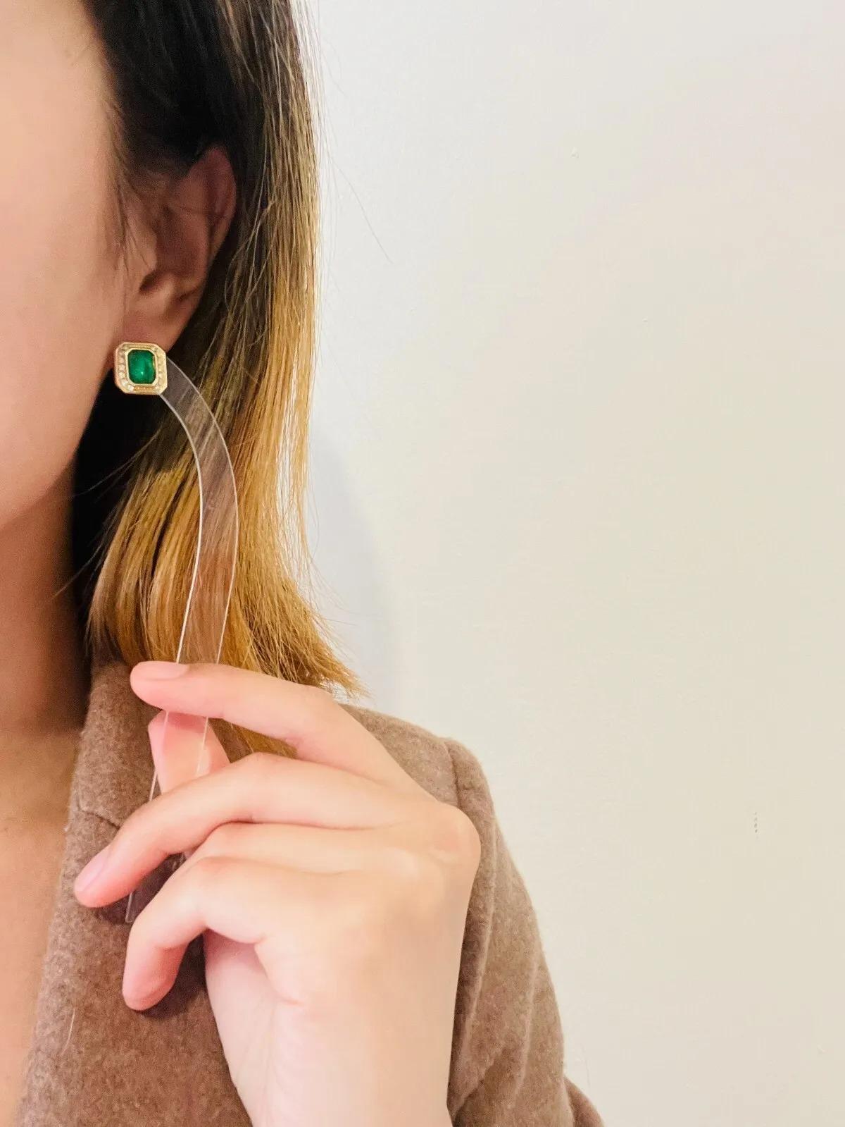 Christian Dior Vintage 1980s Gripoix Crystals Emerald Octagon Pierced Earrings 2