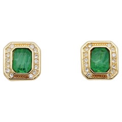 Christian Dior Vintage 1980s Gripoix Crystals Emerald Octagon Pierced Earrings