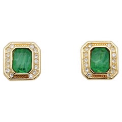 Christian Dior Vintage 1980s Gripoix Crystals Emerald Octagon Pierced Earrings