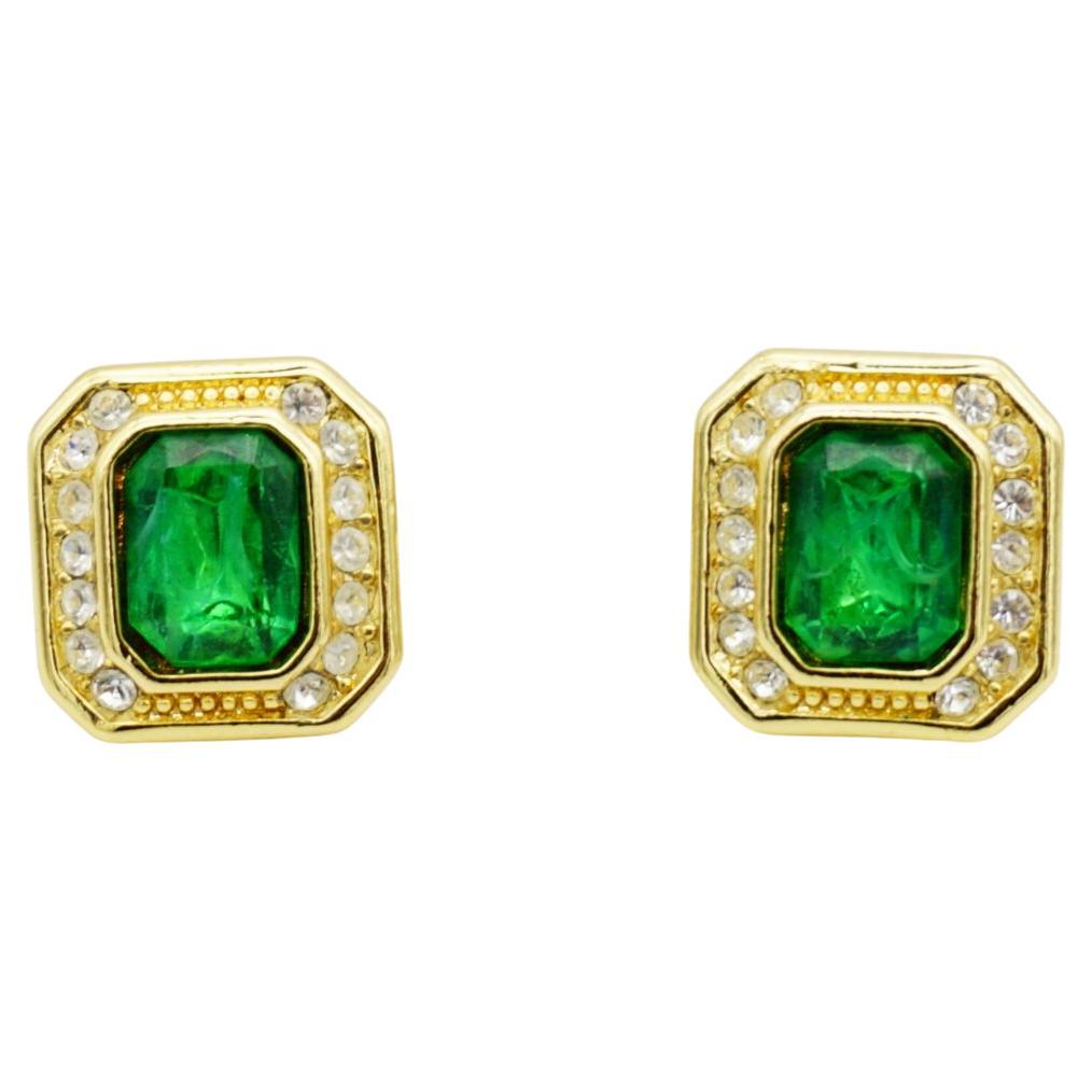 Christian Dior Vintage 1980s Gripoix Crystals Emerald Octagon Pierced Earrings For Sale