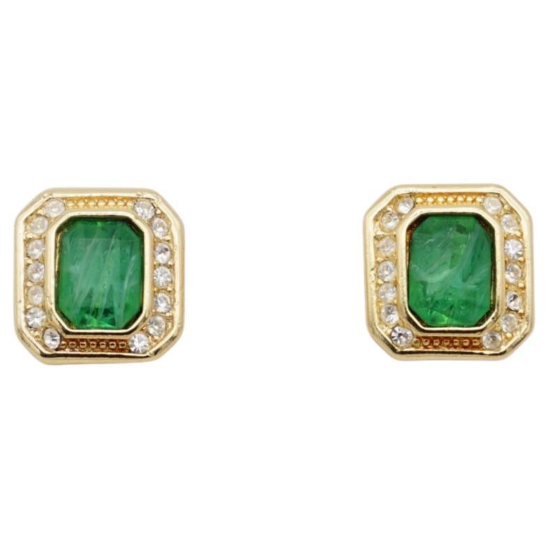 Christian Dior Vintage 1980s Gripoix Crystals Emerald Octagon Pierced Earrings