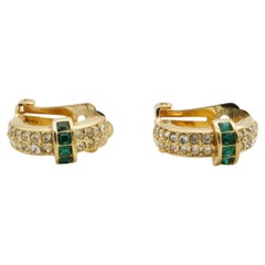 Christian Dior Vintage 1980s Gripoix Crystals Gold Emerald Domed Hoop Earrings