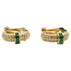Christian Dior Vintage 1980s Gripoix Crystals Gold Emerald Domed Hoop Earrings