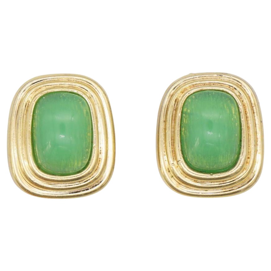 Christian Dior Vintage 1980s Gripoix Emerald Cabochon Rectangle Clip Earrings