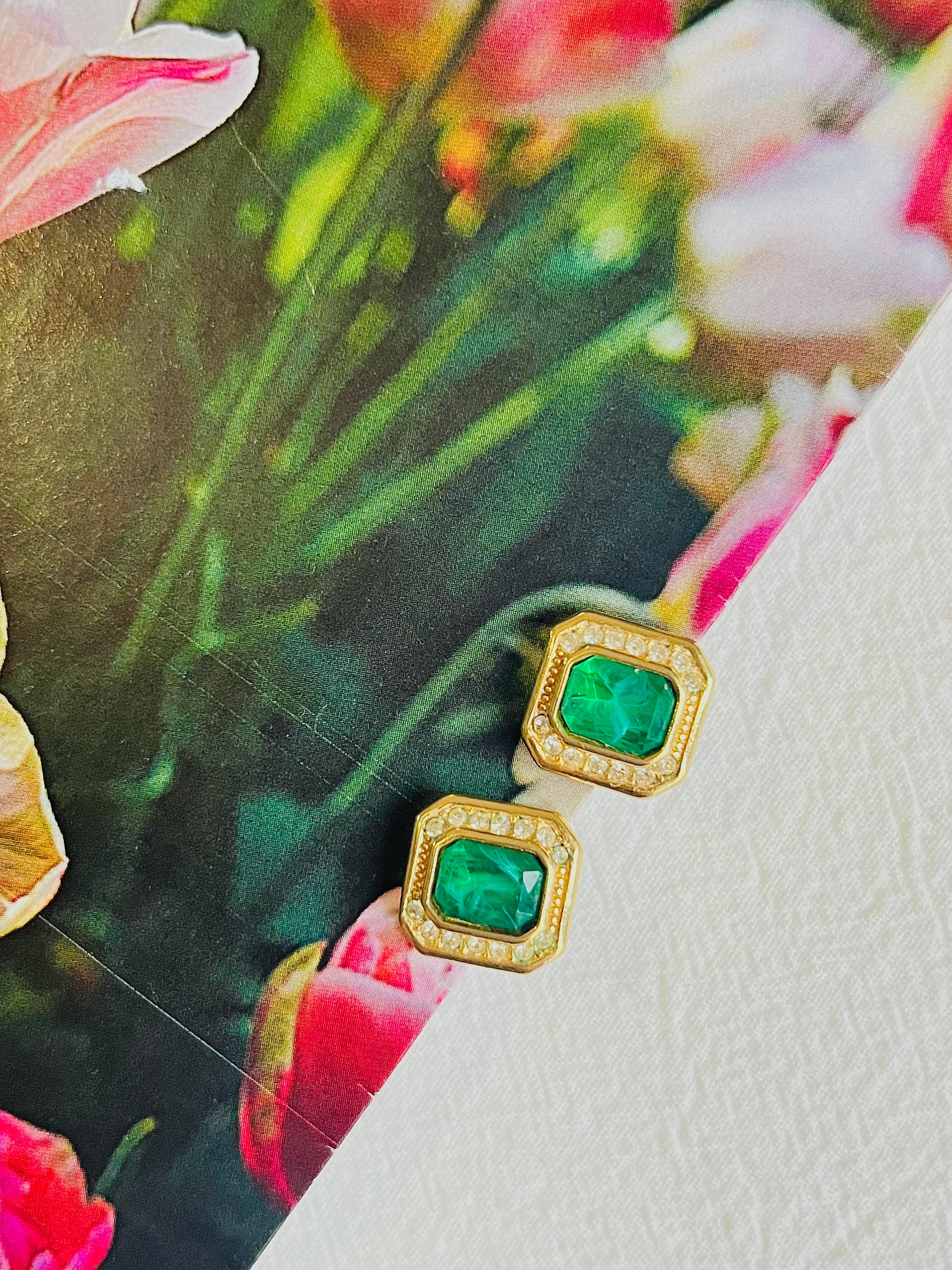 Art Nouveau Christian Dior Vintage 1980s Gripoix Emerald Crystal Rectangle Pierced Earrings For Sale