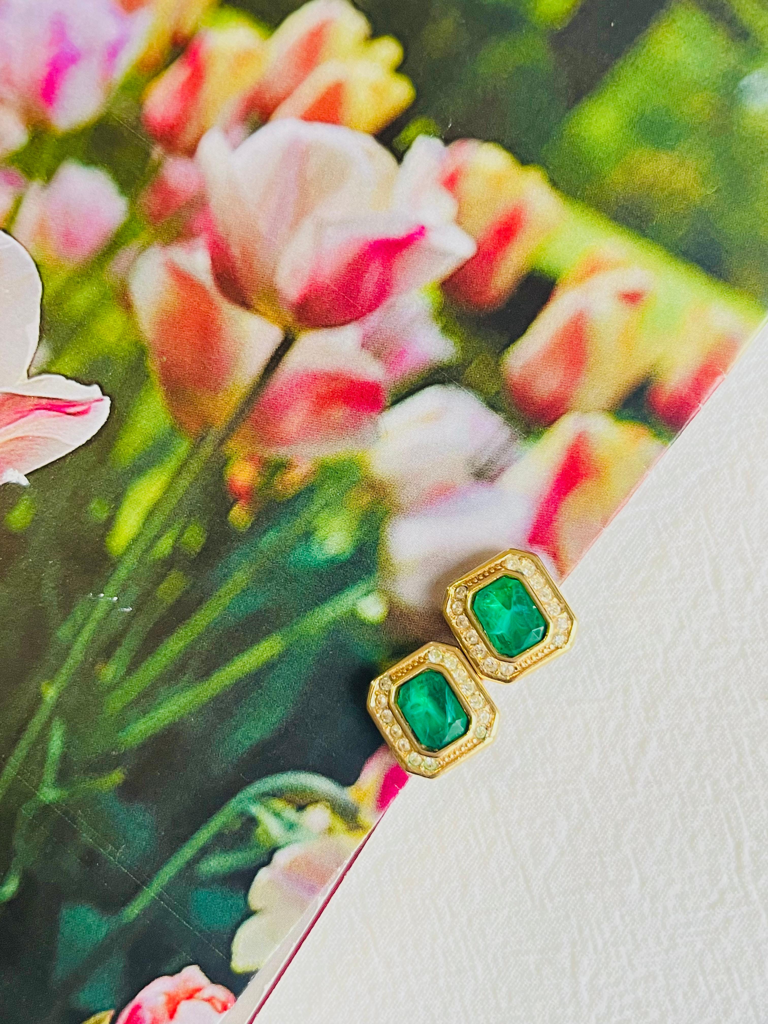 Art Deco Christian Dior Vintage 1980s Gripoix Emerald Crystal Rectangle Pierced Earrings