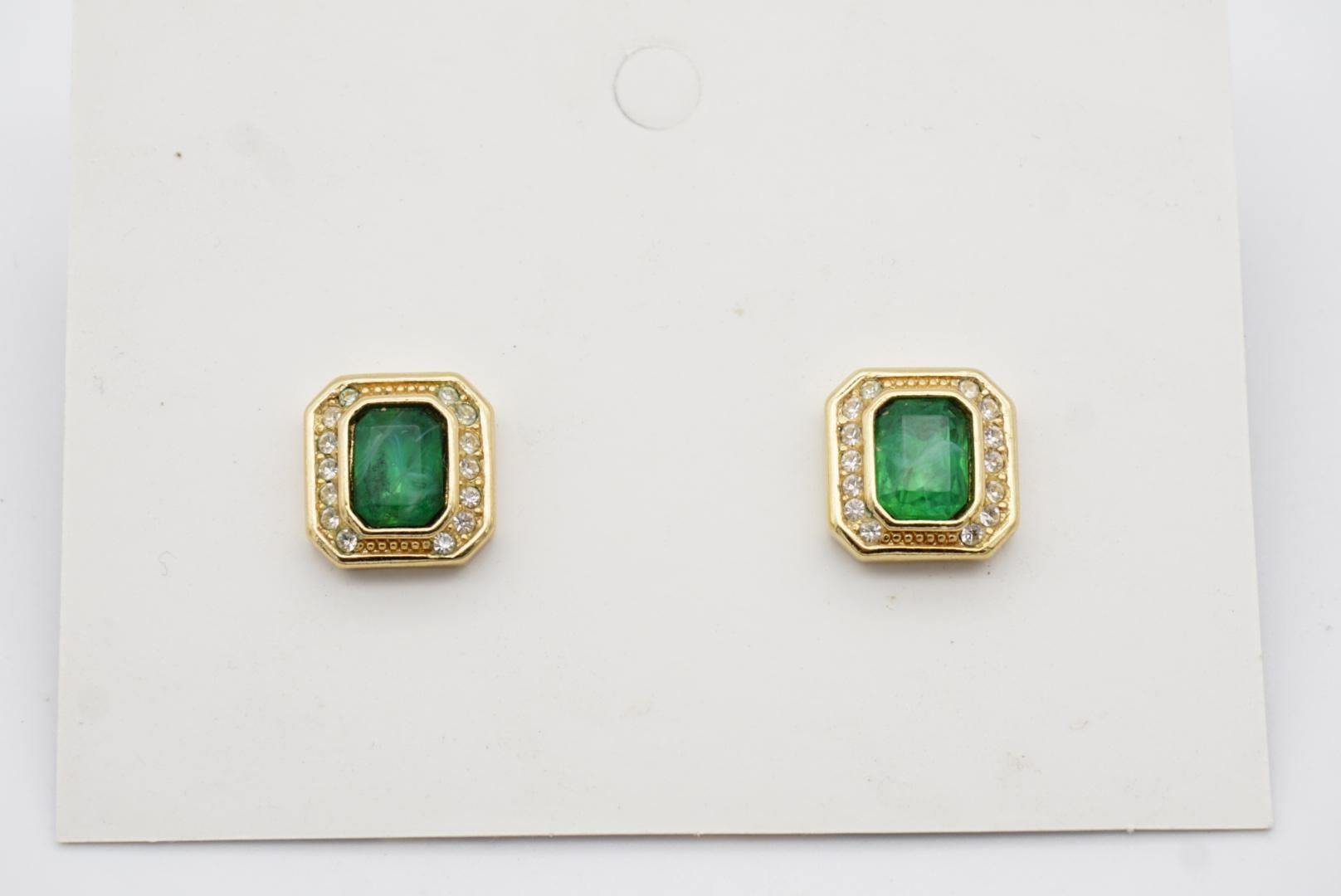 Christian Dior Vintage 1980s Gripoix Emerald Crystal Rectangle Pierced Earrings 2