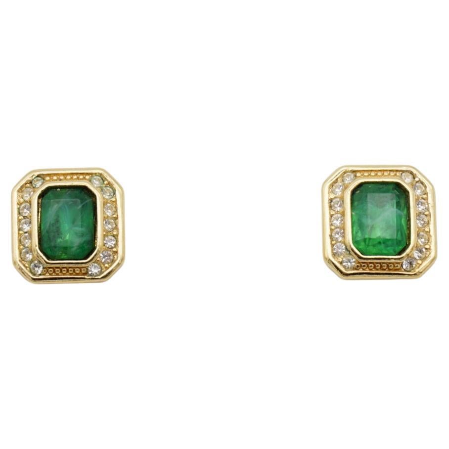 Christian Dior Vintage 1980s Gripoix Emerald Crystal Rectangle Pierced Earrings