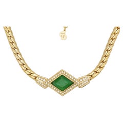 Christian Dior Vintage 1980s Gripoix Emerald Crystals Diamond Gold Necklace