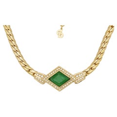Christian Dior Vintage 1980s Gripoix Emerald Crystals Diamond Gold Necklace