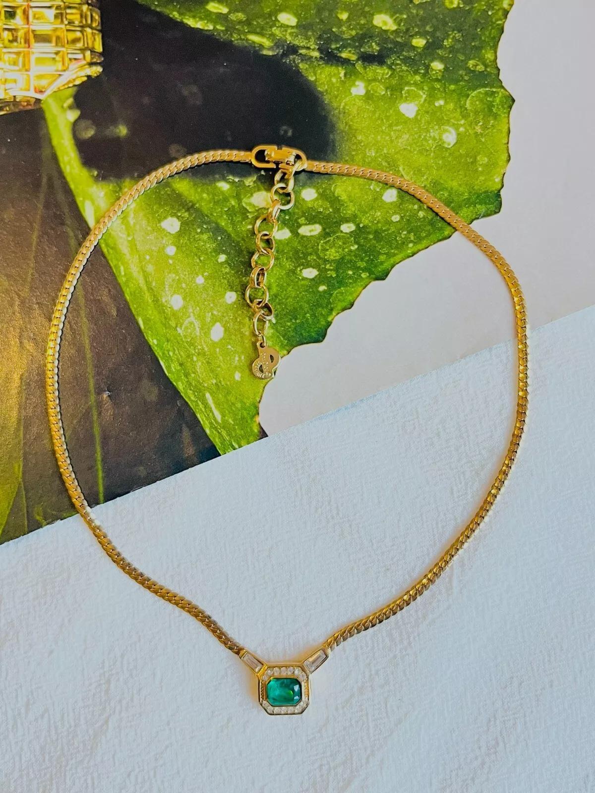 Art Deco Christian Dior Vintage 1980s Gripoix Emerald Crystals Octagon Pendant Necklace For Sale