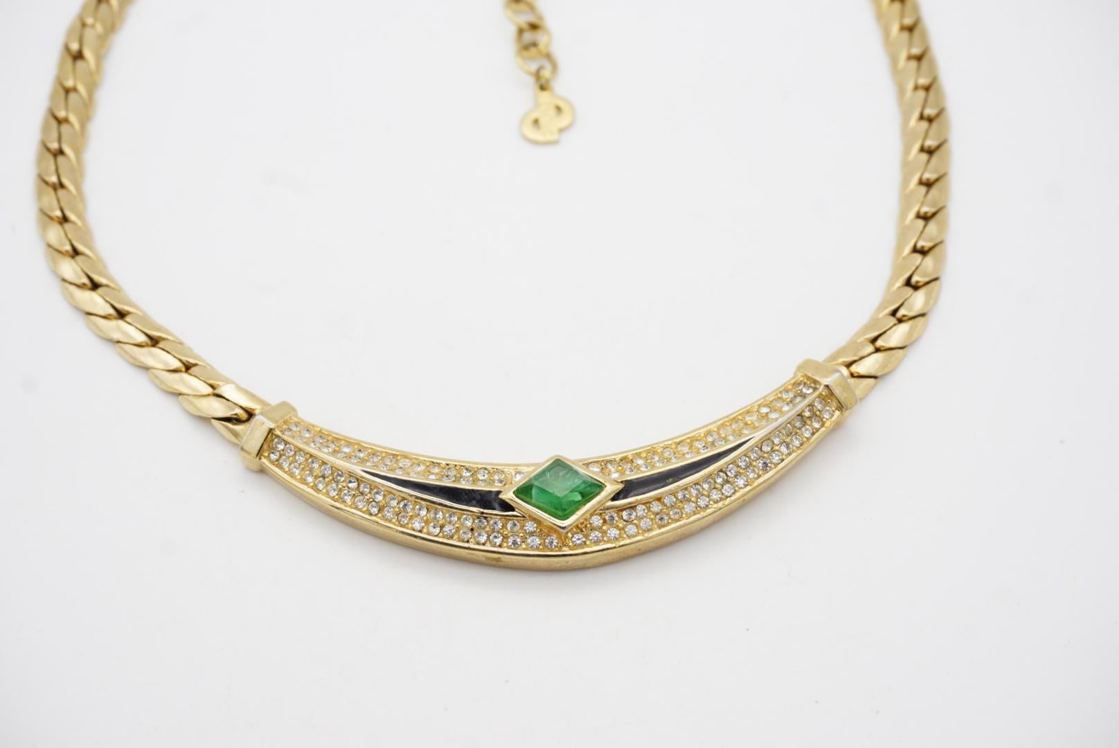 Christian Dior Vintage 1980s Gripoix Emerald Diamond Black Crystals Necklace For Sale 5