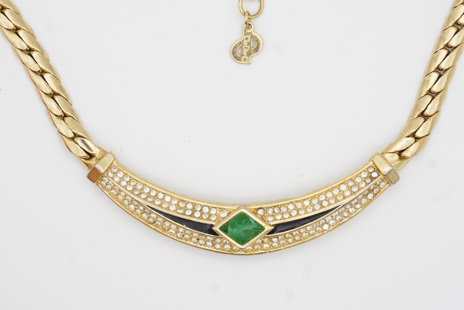 Christian Dior Vintage 1980s Gripoix Emerald Diamond Black Crystals Necklace For Sale 5