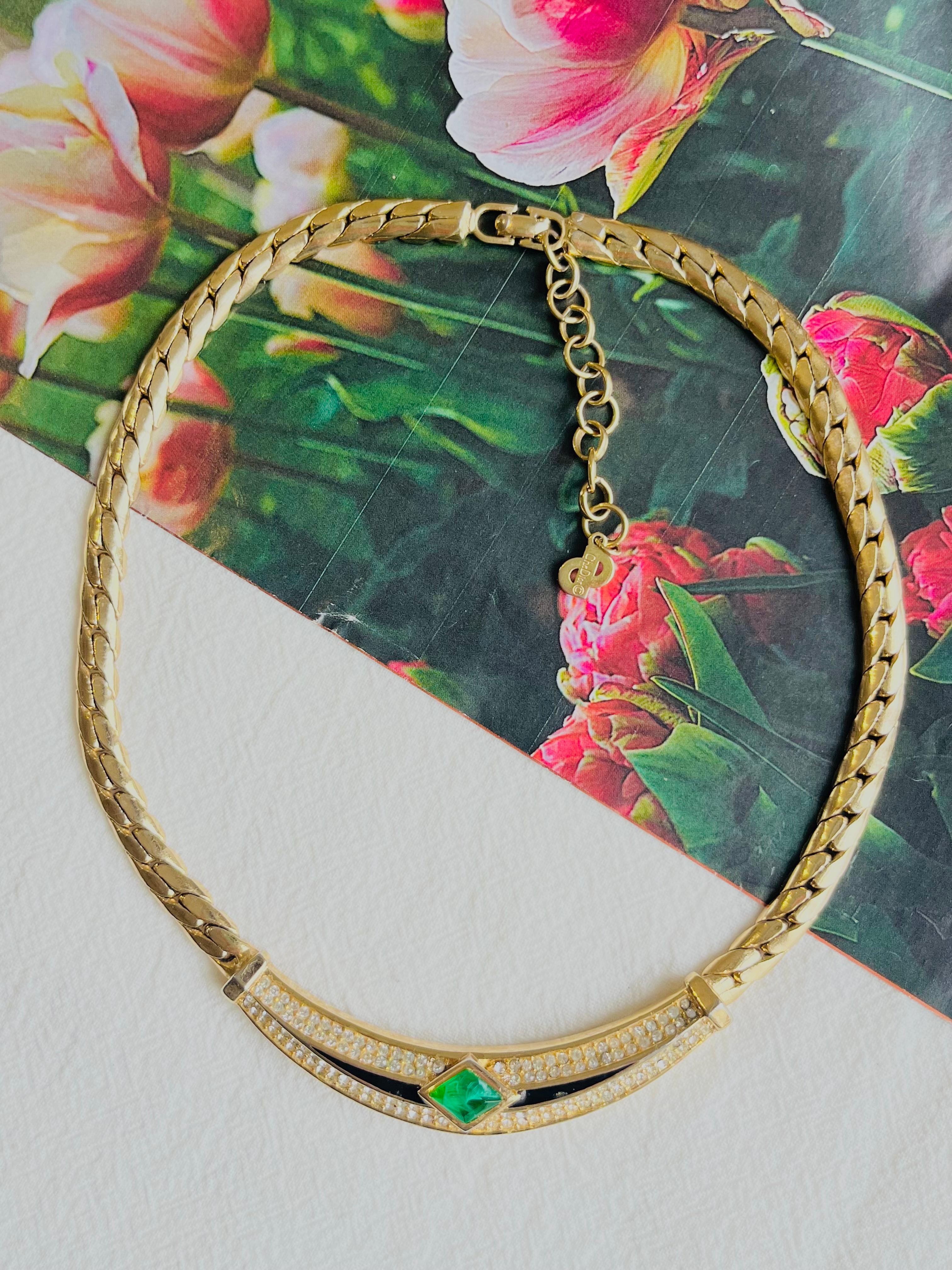 Art Deco Christian Dior Vintage 1980s Gripoix Emerald Diamond Black Crystals Necklace For Sale