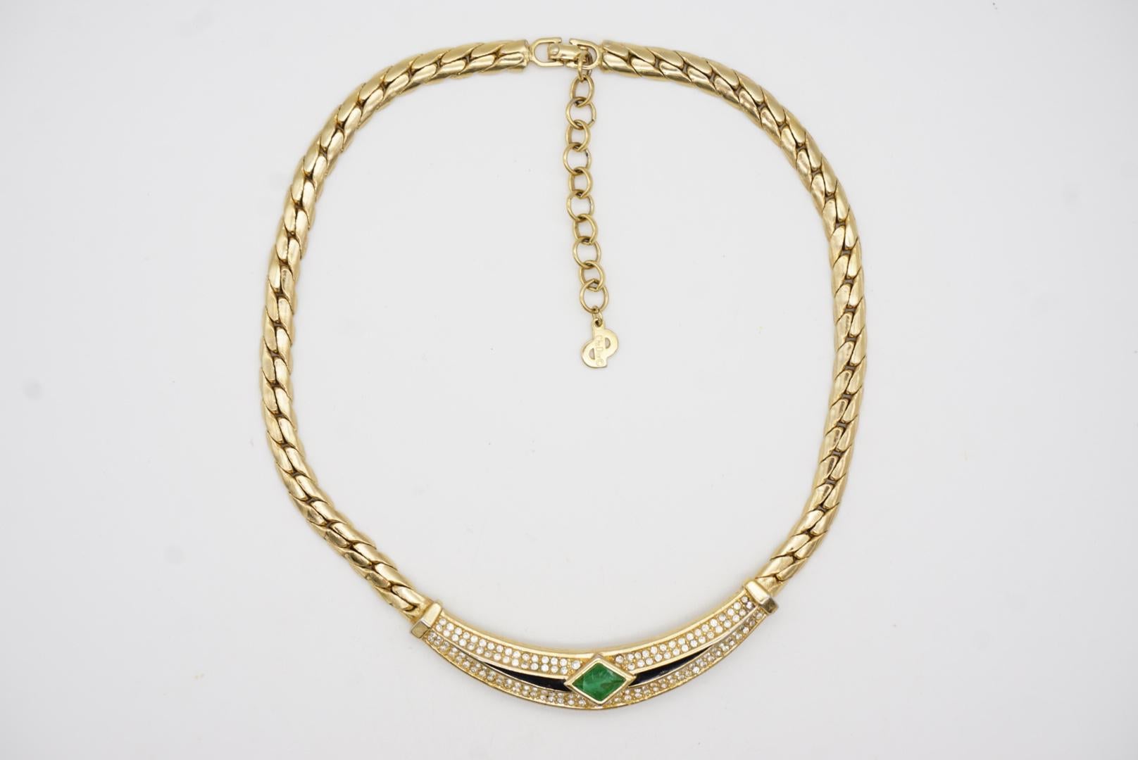 Christian Dior Vintage 1980s Gripoix Emerald Diamond Black Crystals Necklace For Sale 4