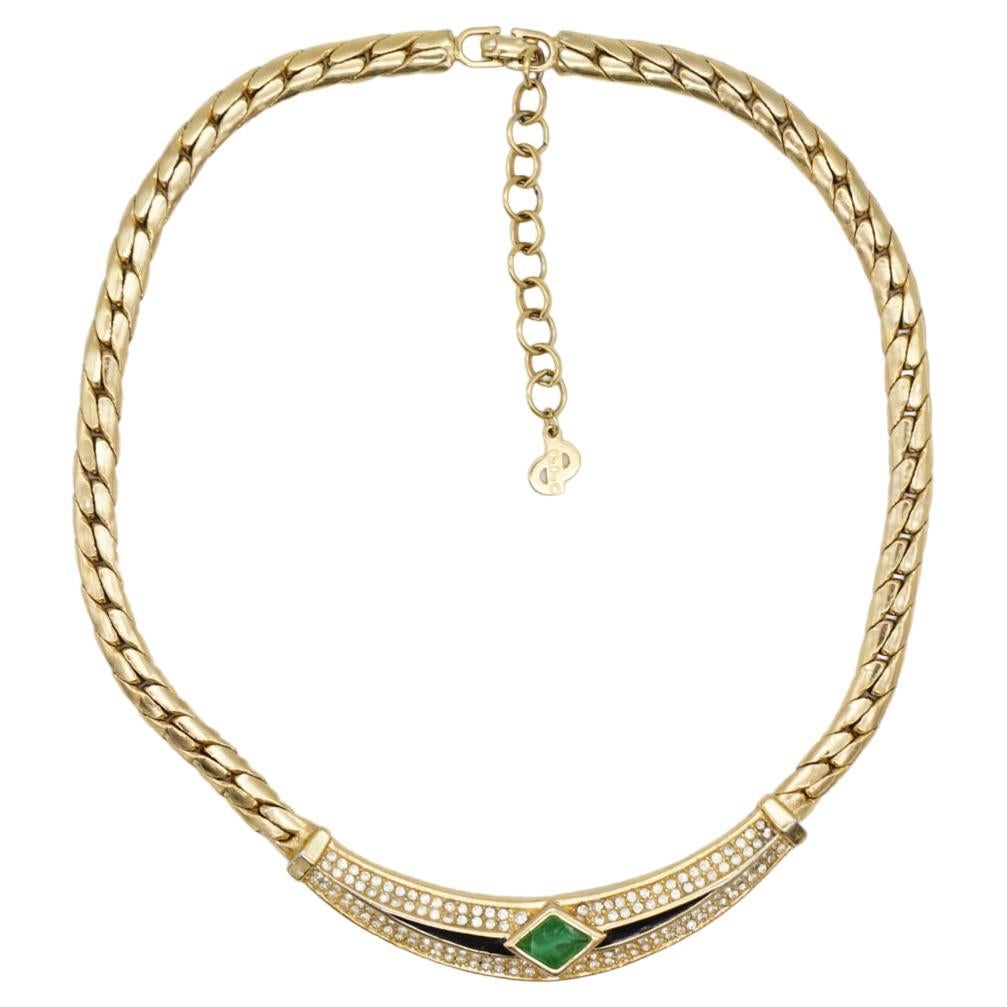 Christian Dior Vintage 1980s Gripoix Emerald Diamond Black Crystals Necklace For Sale