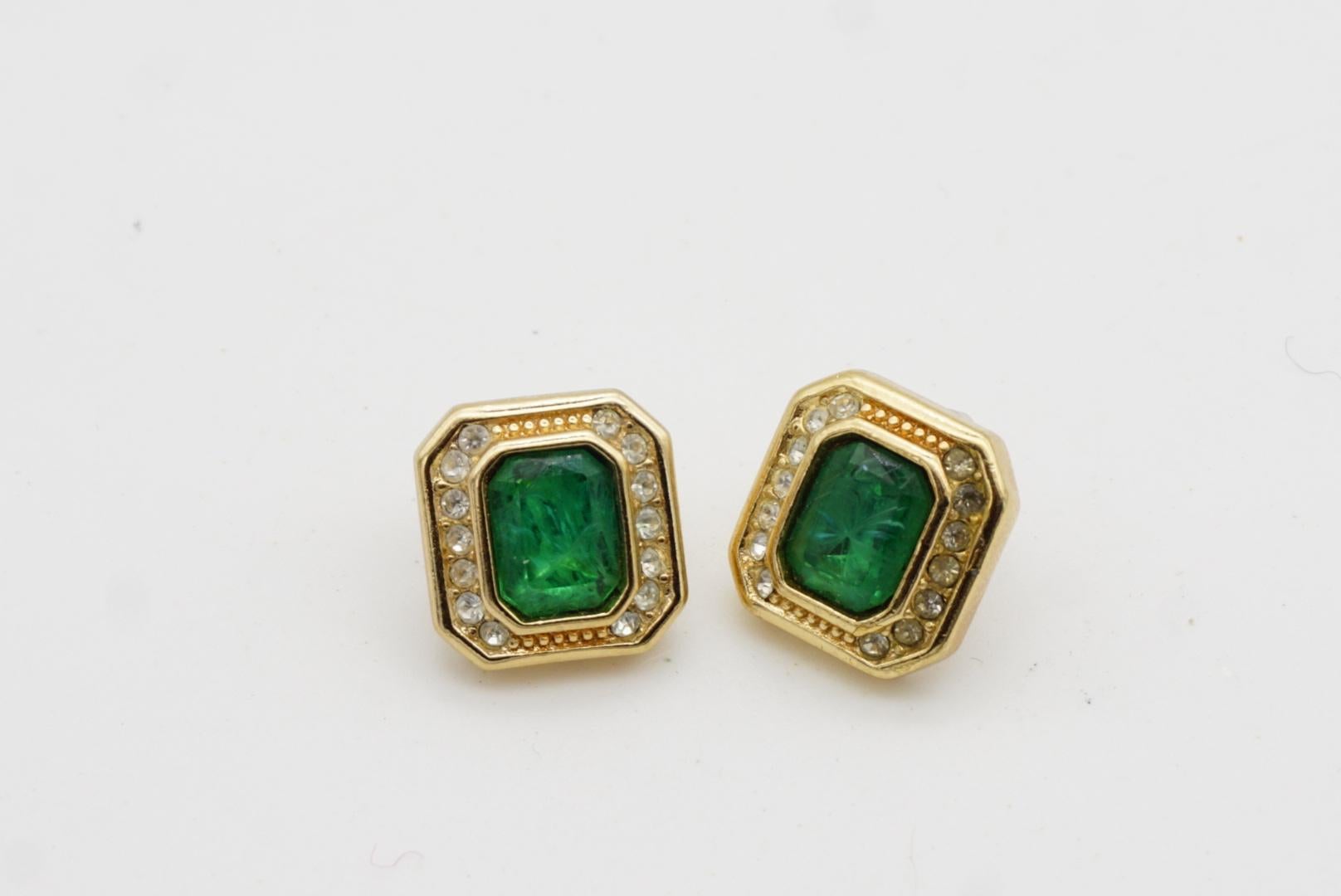 Christian Dior Vintage 1980s Gripoix Emerald Octagon Crystals Pierced Earrings For Sale 5