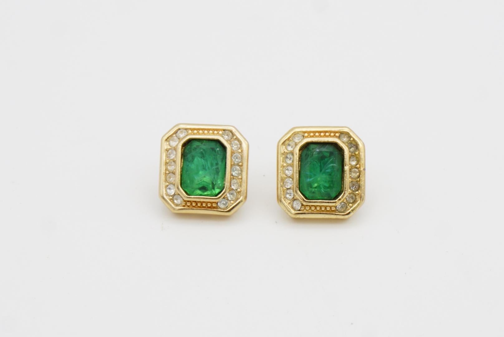 Christian Dior Vintage 1980s Gripoix Emerald Octagon Crystals Pierced Earrings For Sale 3