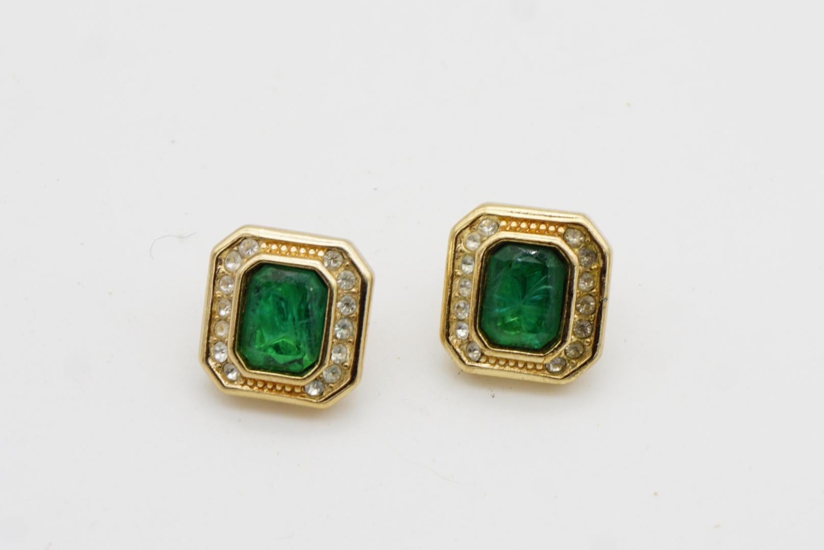 Christian Dior Vintage 1980s Gripoix Emerald Octagon Crystals Pierced Earrings For Sale 4