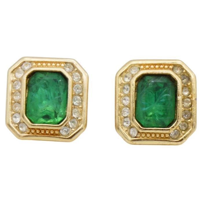 Christian Dior Vintage 1980s Gripoix Emerald Octagon Crystals Pierced Earrings For Sale