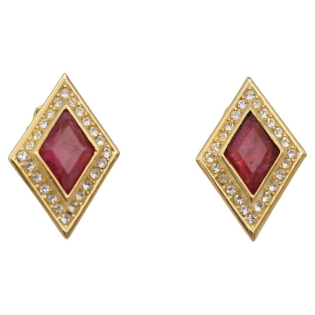 Christian Dior Vintage 1980s Gripoix Marble Red Diamond Crystals Clip Earrings For Sale