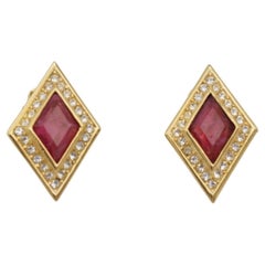 Christian Dior Vintage 1980s Gripoix Marble Red Diamond Crystals Clip Earrings