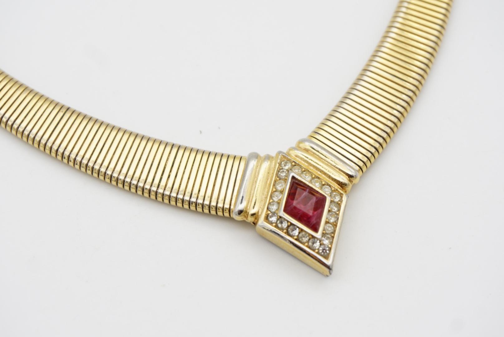 Christian Dior Vintage 1980s Gripoix Ruby Red Diamond Crystals Ribbed Necklace For Sale 5