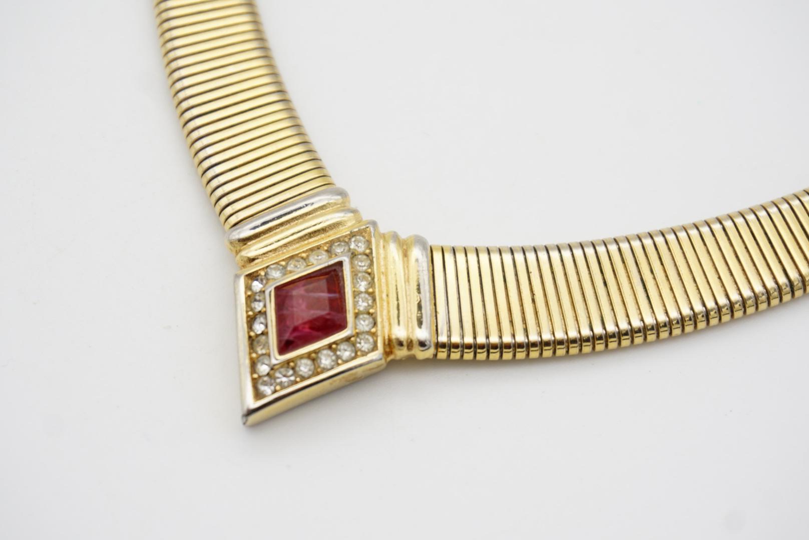 Christian Dior Vintage 1980s Gripoix Ruby Red Diamond Crystals Ribbed Necklace For Sale 6